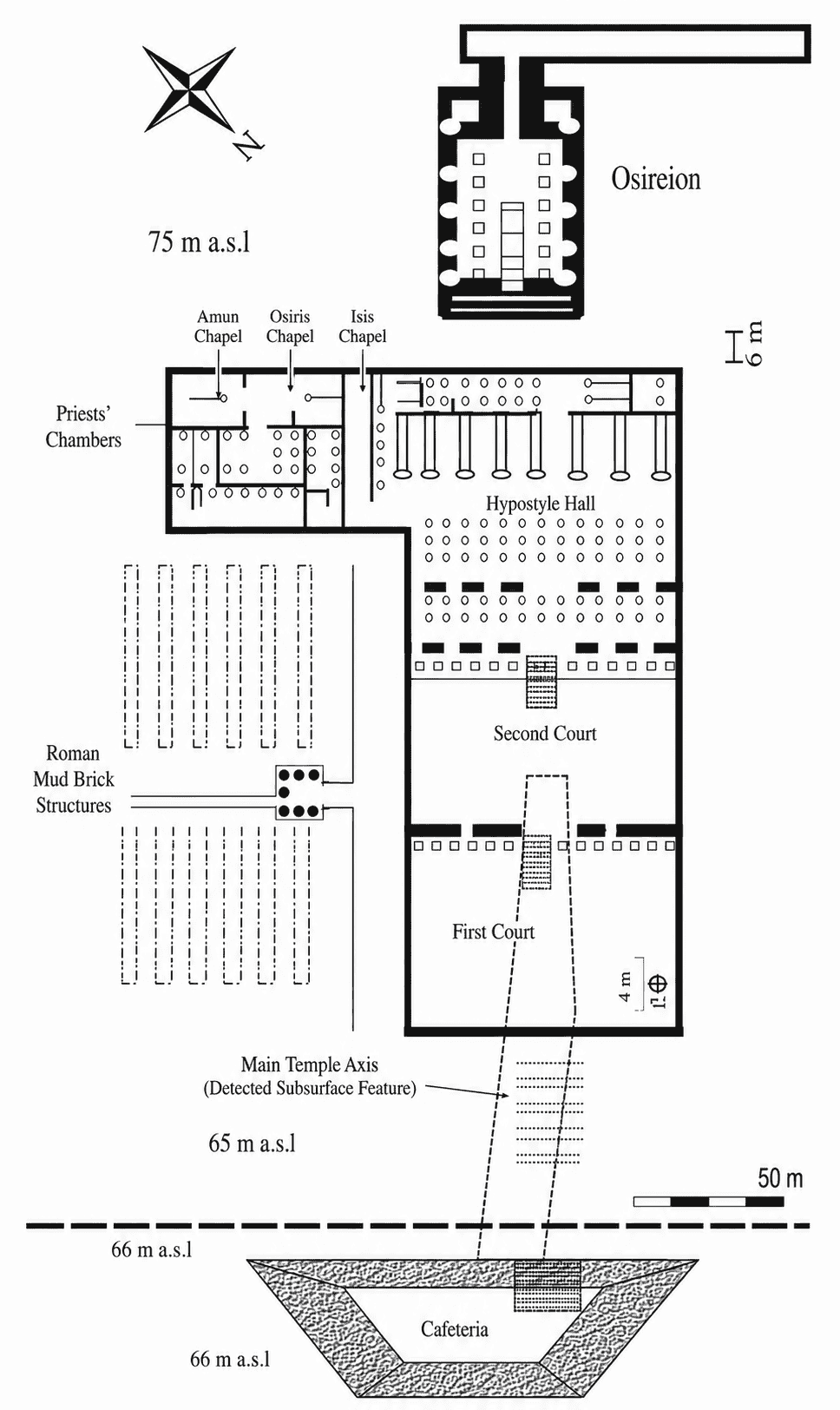 Architectural plan of the Temple of Seti I at Abydos showing its L-shape, hypostyle halls, and seven sanctuaries